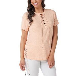 Haute Hippie Tribe Knit Top with Lace Up Detail Soft Peach - Regular